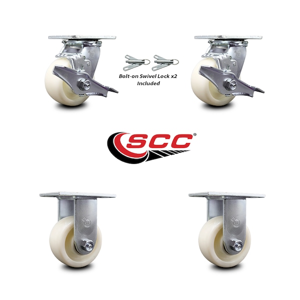 4 Inch Nylon Caster Set with 2 Brakes/Swivel Lock 2 Rigid
